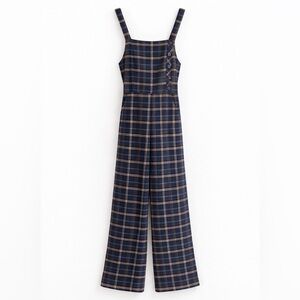 ZARA Plaid Wide Leg Jumpsuit Blue Check Overall Pants Size XS